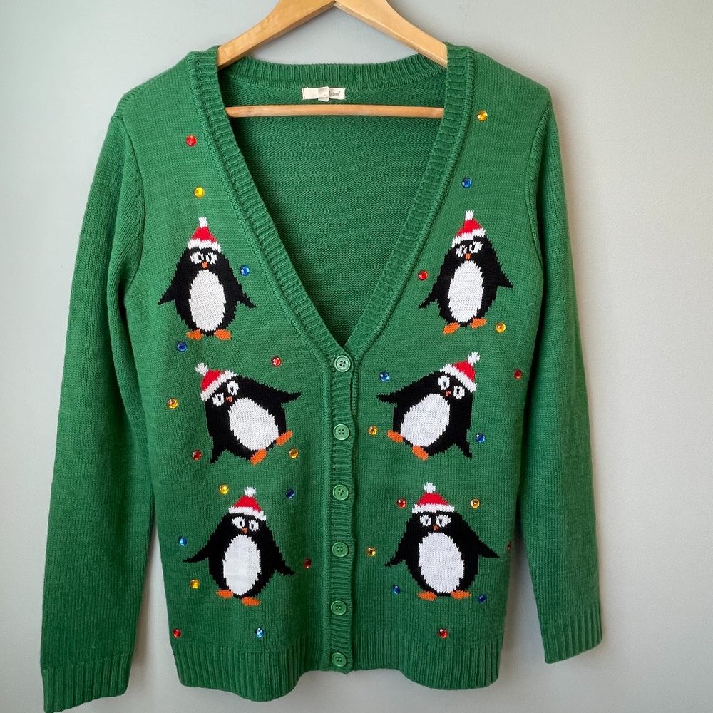 Wet Seal Green V-neck Button-up Bejeweled Penguin Holiday Knit Cardigan Small